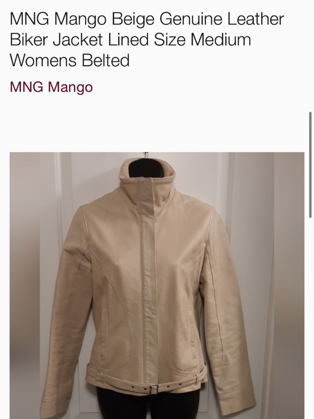 MNG Mango Beige Genuine Leather Biker Jacket Lined Size Medium Womens Belted